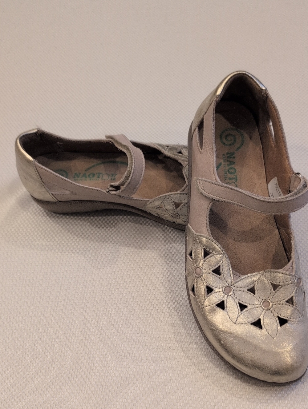 Naot Metallic Taupe Mary Jane Flats with Floral Cutouts